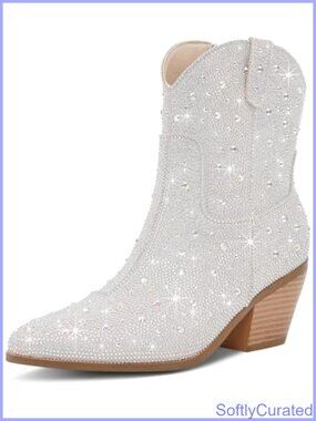 Rhinestone Cowboy Ankle Boots Sparkly Pointed Toe Block Heel Western Booties
